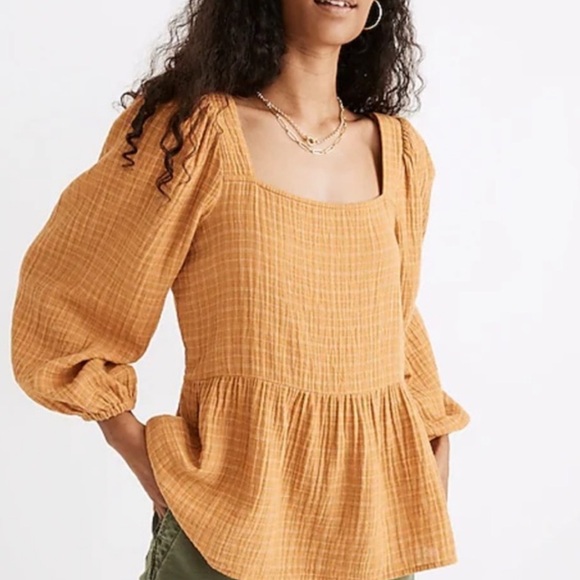 Madewell Tops - MADEWELL Yellow Peasant Balloon Plaid Top Shirt Blouse XXS